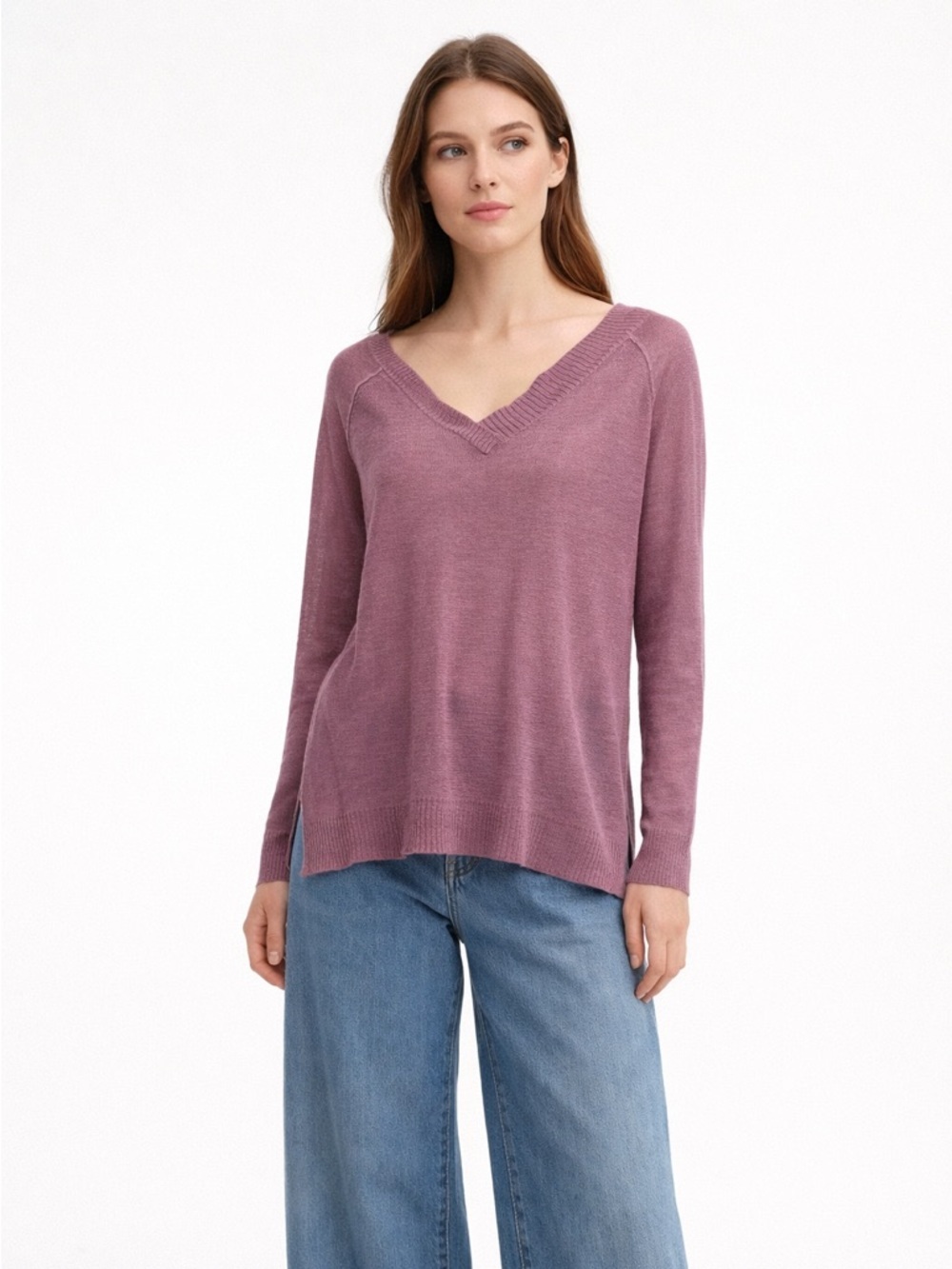 NWT Brochu Walker Tie Back Vee Linen Sweater Medium Purple Spring Quiet Luxury